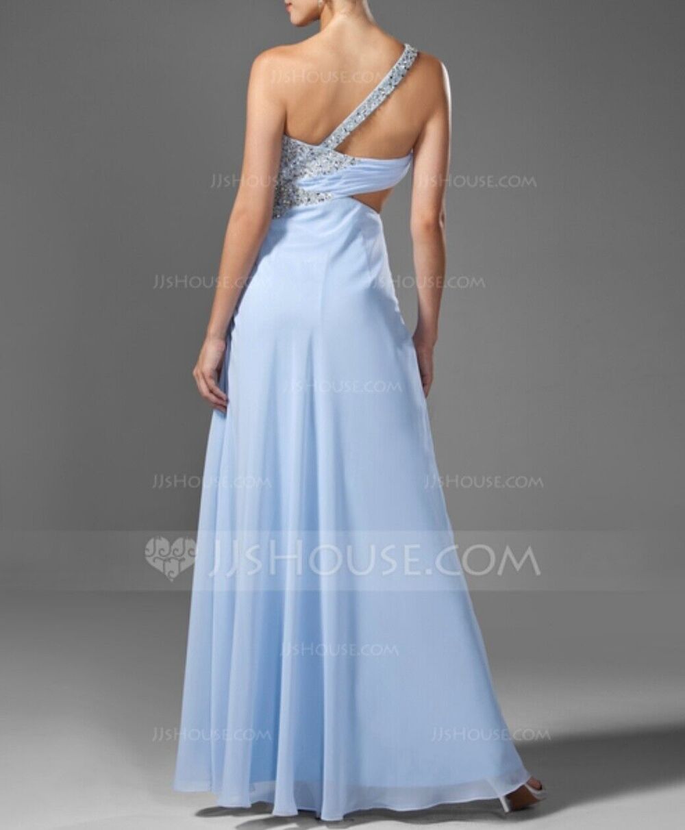 JJ's House 6 prom gown 1-shoulder chiffon beading sequin split sky blue cut-out - Picture 6 of 16